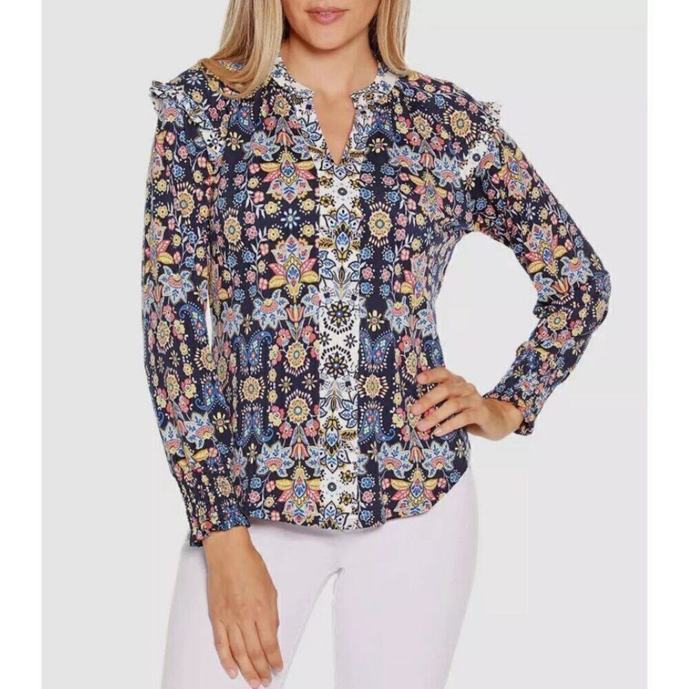 Belldini Womens Size Small Blue Floral Ruffled Long Sleeve Split Neck Blouse NWT
